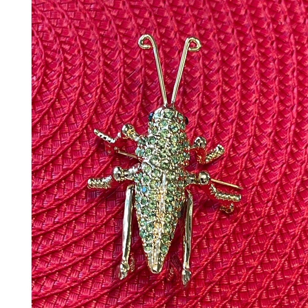 Vintage Genuine Austrian Crystal Cricket Brooch Goldtone & Green Pin ~ Insect